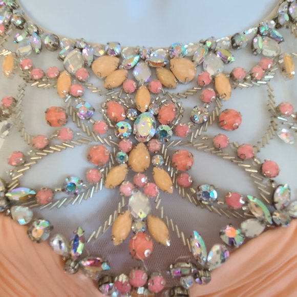 Rachel Allen Chiffon Beaded Illusion Long Prom Evening Dress Style 6934 Apricot - Picture 6 of 15